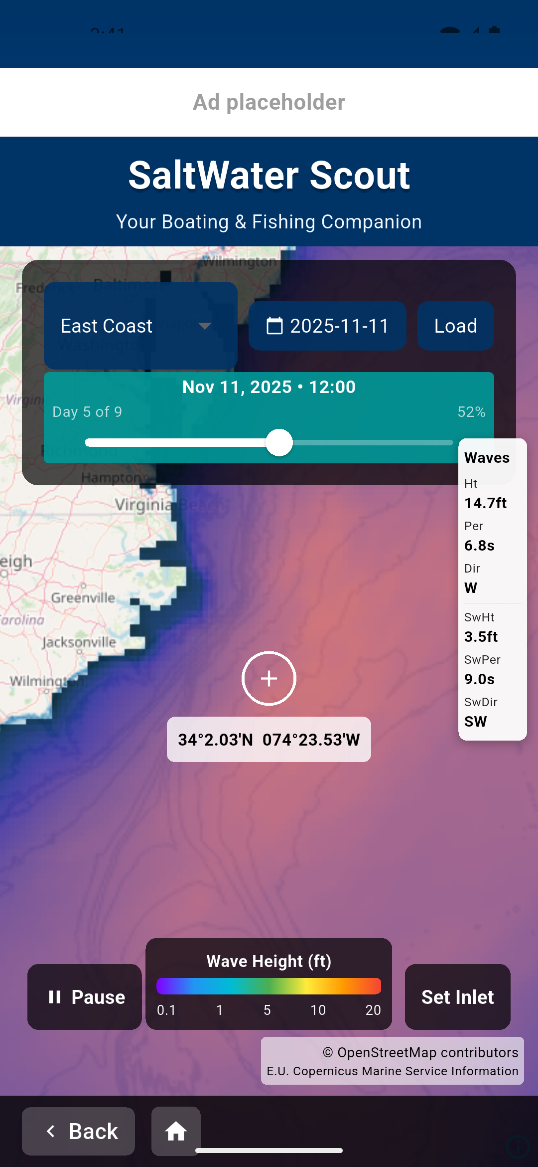 Wave prediction map — WaveWatch 3 height and period in SaltWater Scout